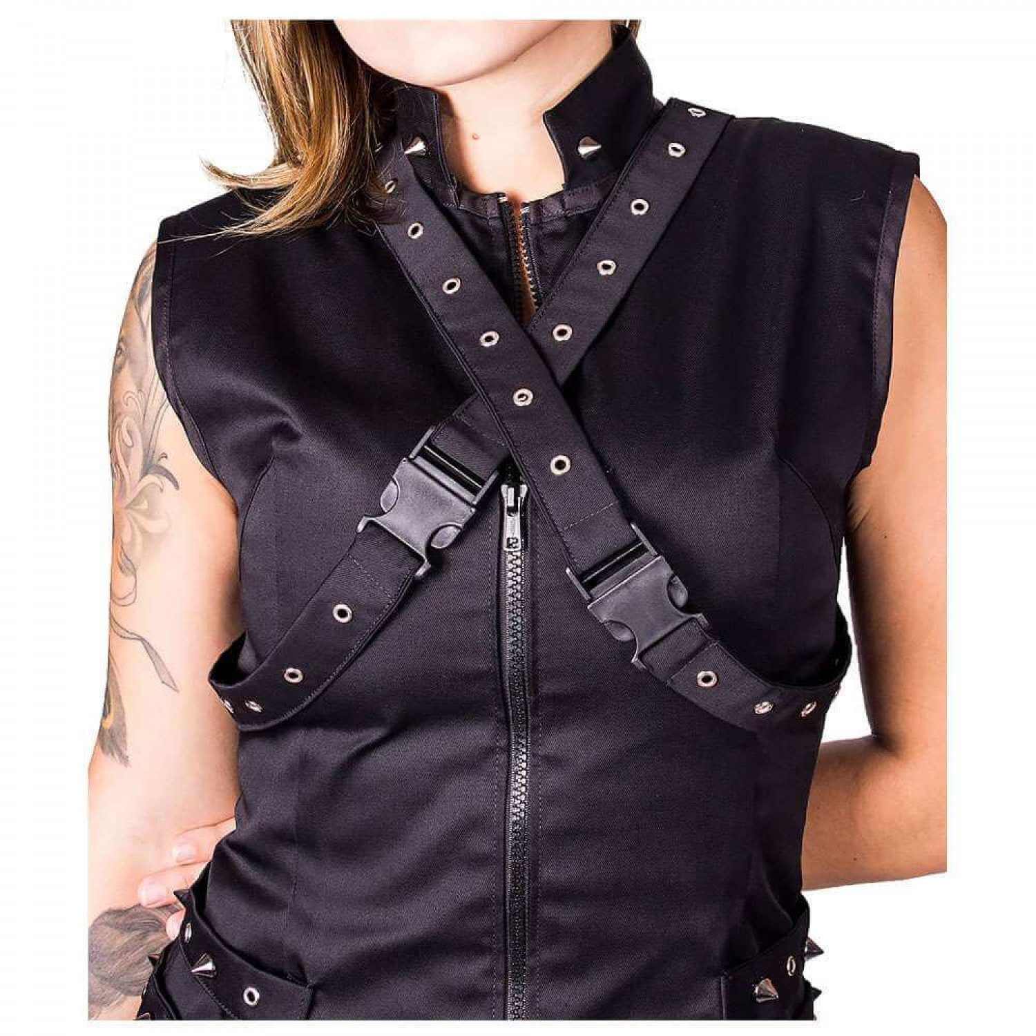 Women’s Gothic Motorcycle Vest | Black Punk Biker Jacket with Straps Women’s Gothic Motorcycle Vest | Black Punk Biker Jacket with Straps, Spikes, and Eyelets